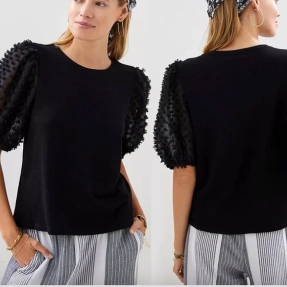 Anthropology Maeve black sheer puff sleeve top, MP,  GL1012 - Picture 3 of 6